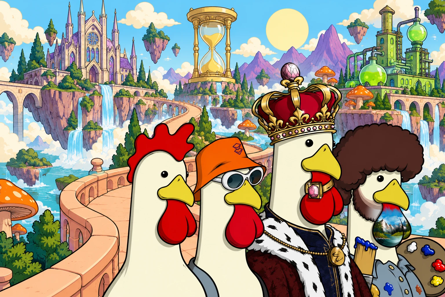 Genesis, Bucket Hat, King Cock and Cock Ross exploring a floating island with a cathedral, hourglass and green laboratory