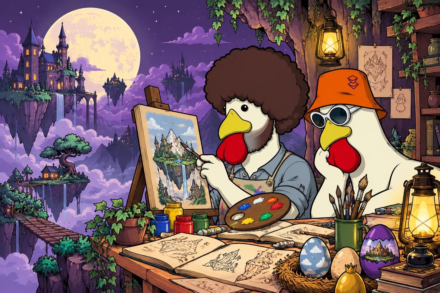 Cock Ross and Bucket Hat painting and sketching in a moonlit floating-island studio
